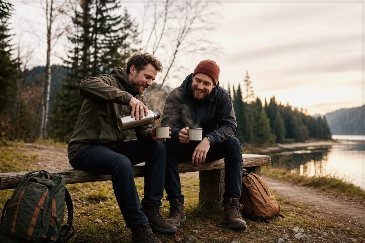 Zwei Freunde teilen auf einer Wanderung heißen Kaffee aus einer Thermoskanne am See – gezeigt für Affiliate-Hinweis im Redaktionsseite.