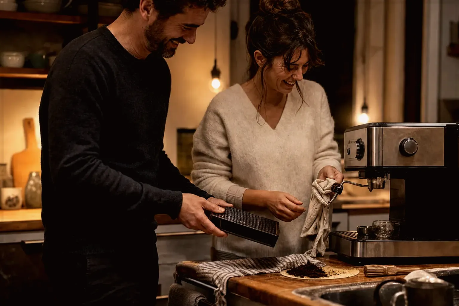 Ein Paar reinigt am Abend gemeinsam und gut gelaunt seine Espressomaschine in der Küche – gezeigt für Affiliate-Hinweis im Redaktionsseite.