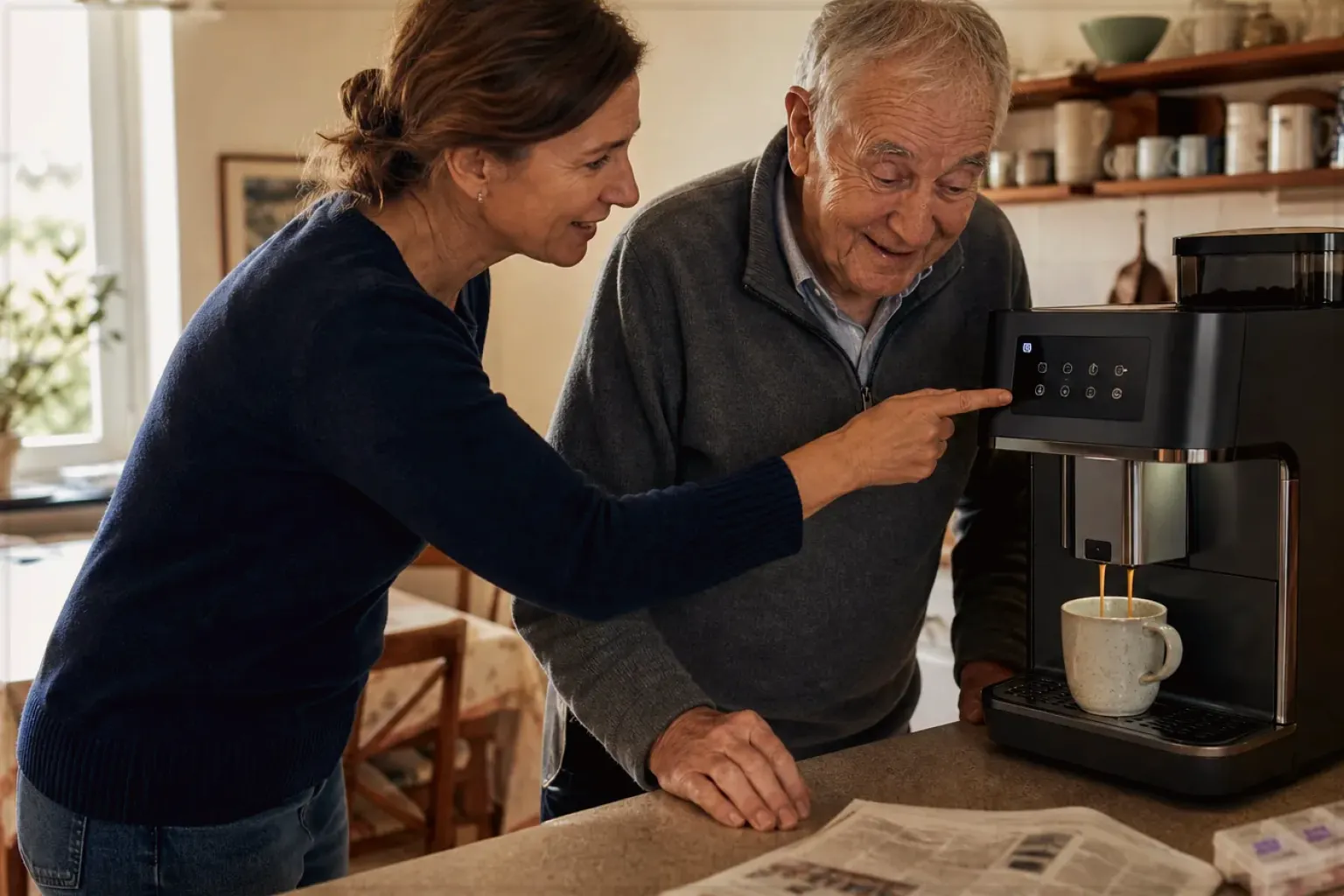 Eine erwachsene Tochter erklärt ihrem Vater verständlich die Bedienung eines Kaffeevollautomaten.