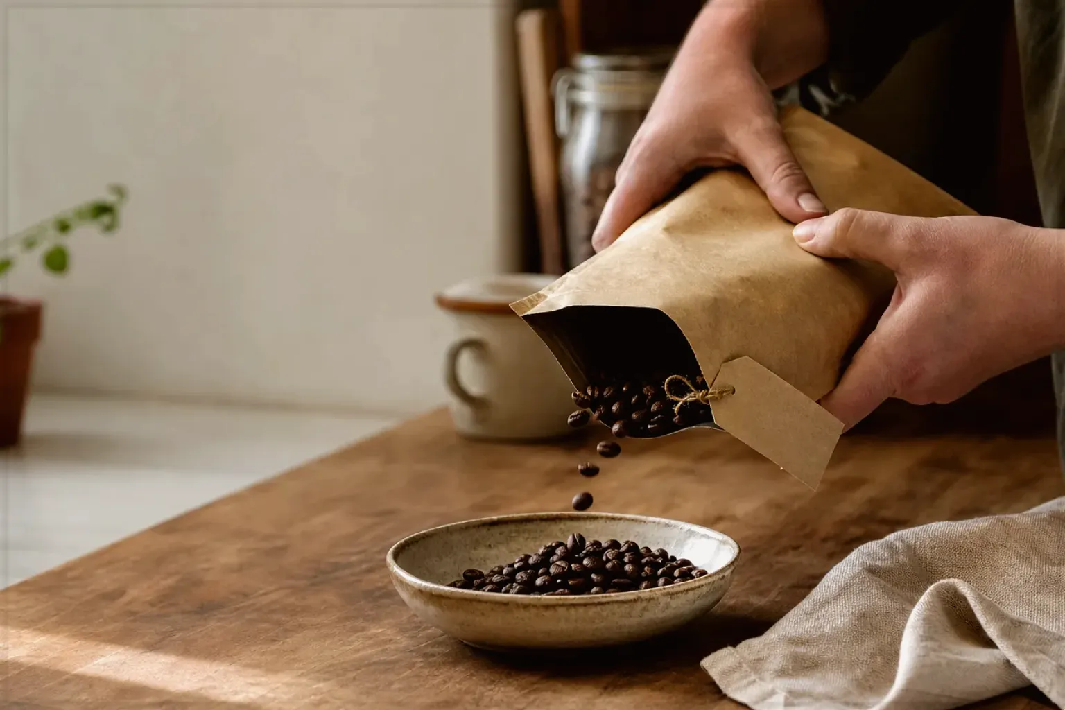 Hände füllen frisch geröstete Kaffeebohnen aus einer Papiertüte in eine Keramikschale – gezeigt für Nutzungsbedingungen (AGB) im Redaktionsseite.