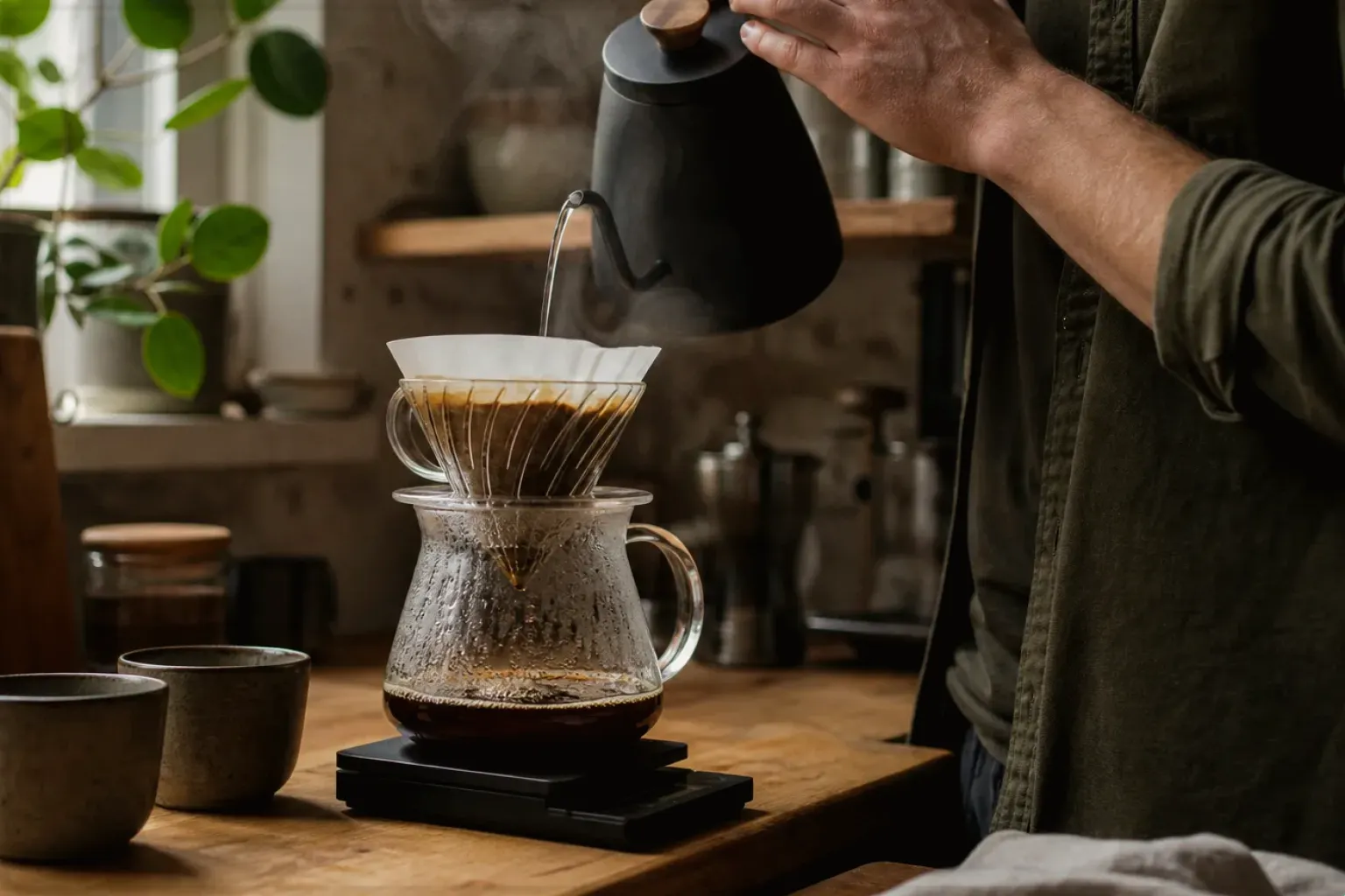 Filterkaffee wird mit einem Schwanenhalskessel von Hand in einer Küche aufgegossen – gezeigt für Nutzungsbedingungen (AGB) im Redaktionsseite.