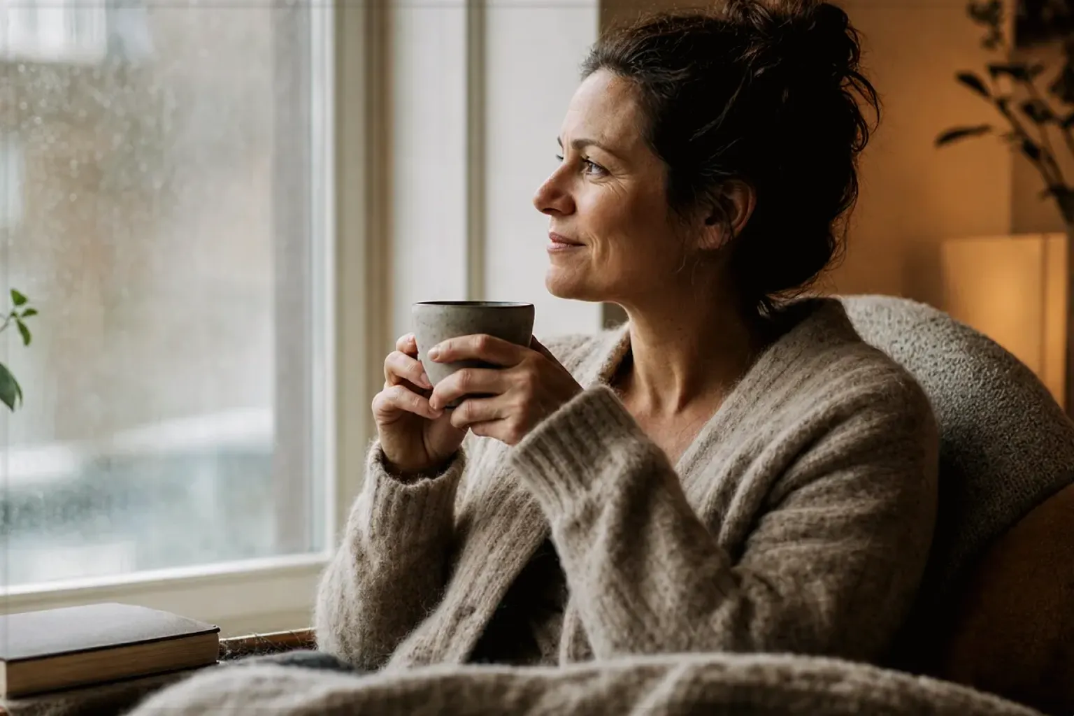 Eine Frau genießt an einem regnerischen Nachmittag ruhig eine Tasse Kaffee am Fenster – gezeigt für Nutzungsbedingungen (AGB) im Redaktionsseite.