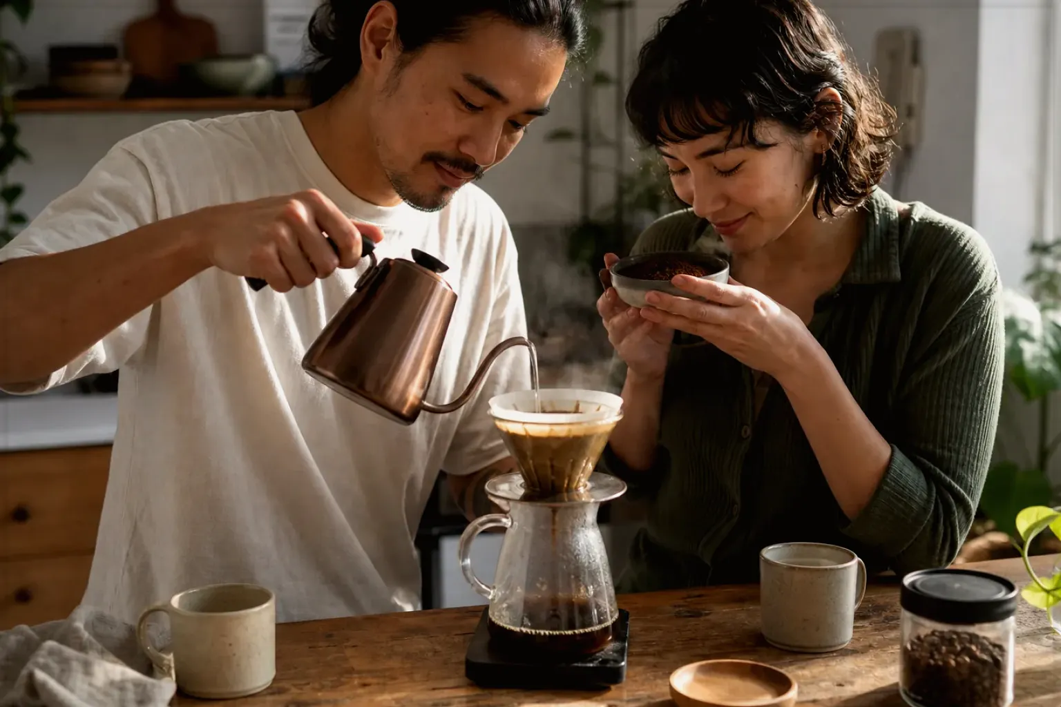 Zwei Menschen bereiten am Wochenende gemeinsam Filterkaffee mit einem Handfilter zu – gezeigt für Nutzungsbedingungen (AGB) im Redaktionsseite.