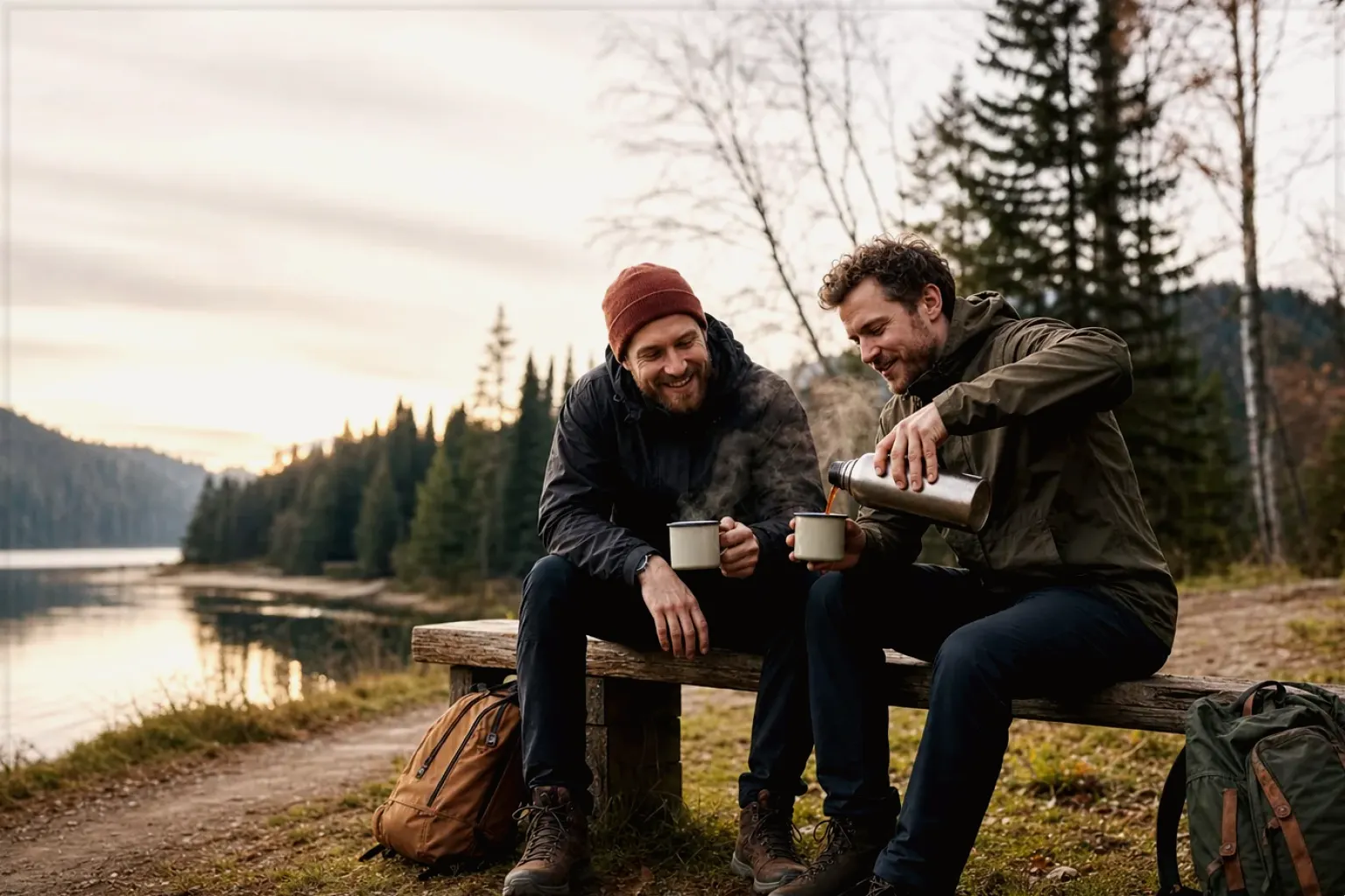 Zwei Freunde teilen auf einer Wanderung heißen Kaffee aus einer Thermoskanne am See – gezeigt für Nutzungsbedingungen (AGB) im Redaktionsseite.