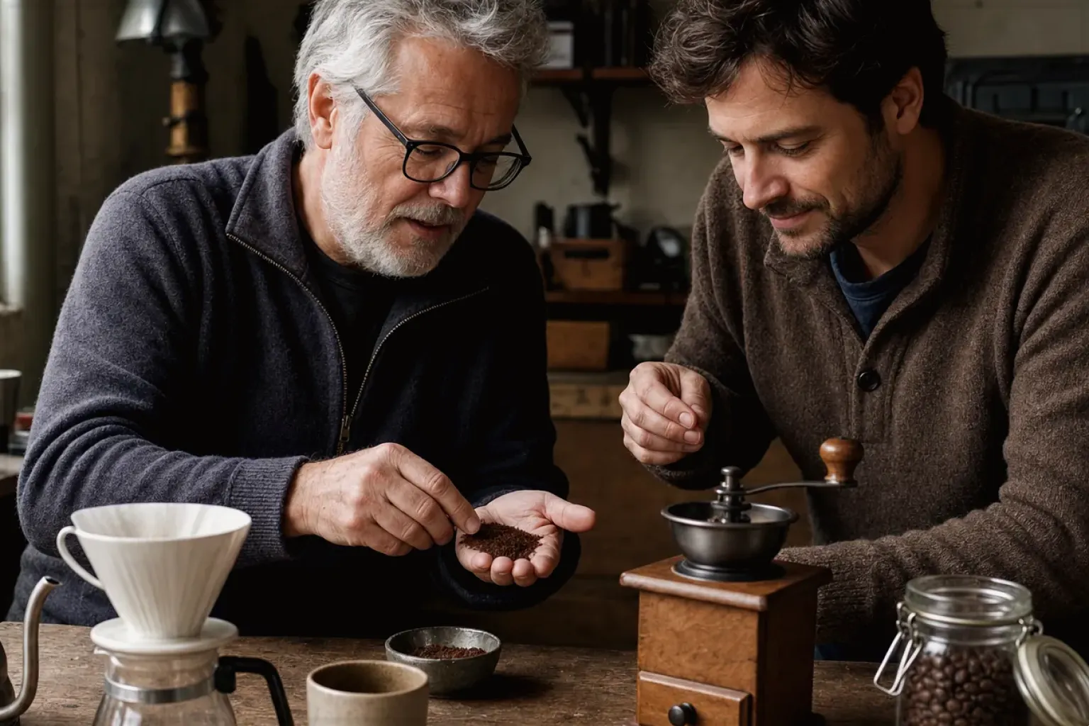 Ein älterer Kaffeeliebhaber zeigt einem jüngeren Erwachsenen gemahlenen Kaffee neben Handmühle und Filter – gezeigt für Nutzungsbedingungen (AGB) im Redaktionsseite.