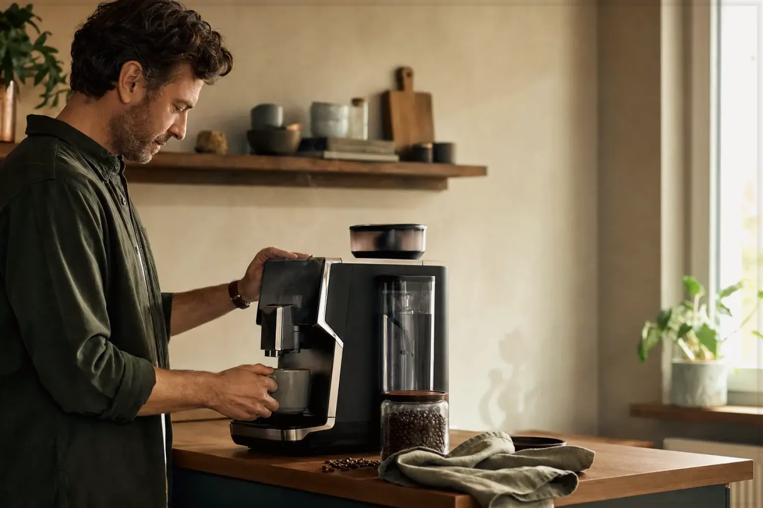 Ein Mann bereitet morgens Kaffee in seiner Küche zu – gezeigt für Nutzungsbedingungen (AGB) im Redaktionsseite.