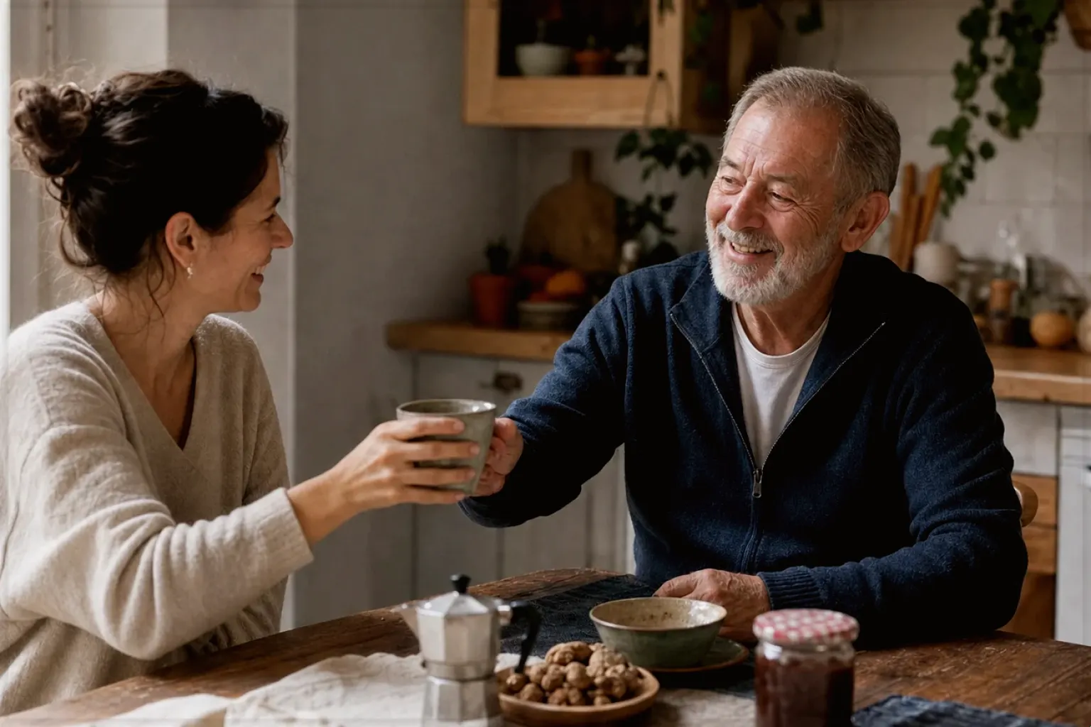 Eine erwachsene Tochter und ihr älterer Vater lachen gemeinsam beim Kaffee in ihrer Küche – gezeigt für Nutzungsbedingungen (AGB) im Redaktionsseite.