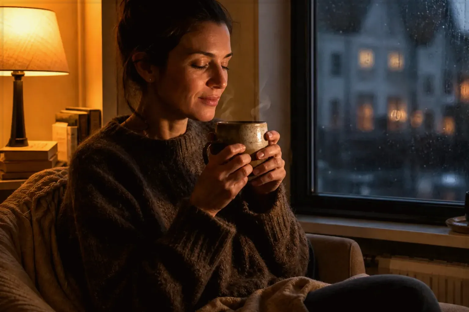 Eine Frau genießt an einem regnerischen Abend ruhig eine warme Tasse Kaffee am Fenster – gezeigt für Nutzungsbedingungen (AGB) im Redaktionsseite.