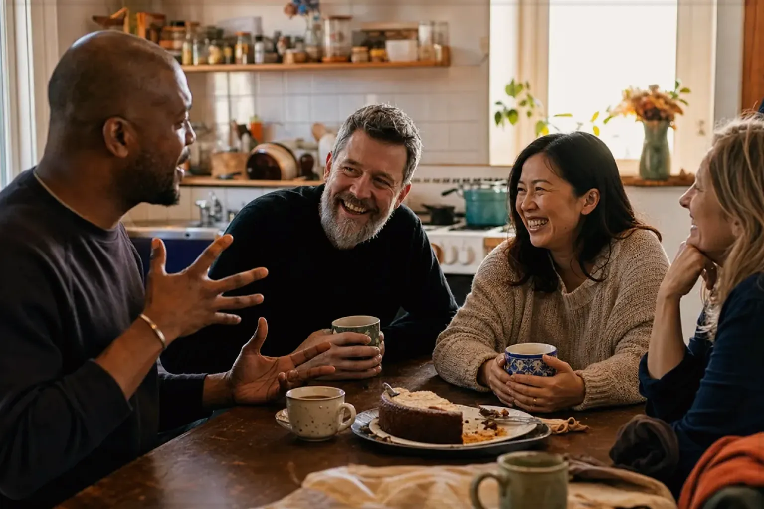 Vier erwachsene Freunde lachen gemeinsam bei Kaffee und selbst gebackenem Kuchen – gezeigt für Nutzungsbedingungen (AGB) im Redaktionsseite.