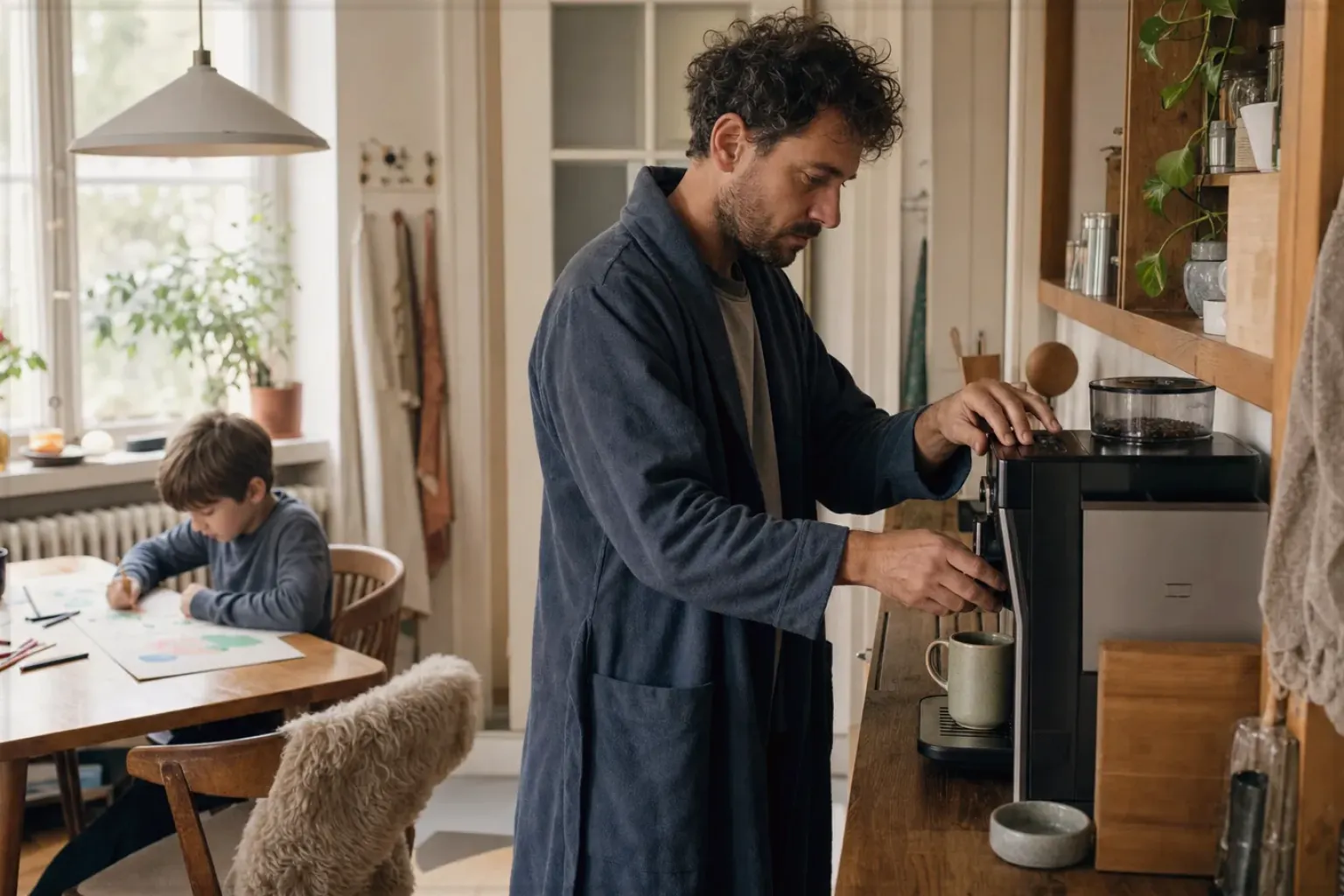 Ein Vater bereitet morgens Kaffee zu, während sein Kind am Küchentisch malt – gezeigt für Nutzungsbedingungen (AGB) im Redaktionsseite.