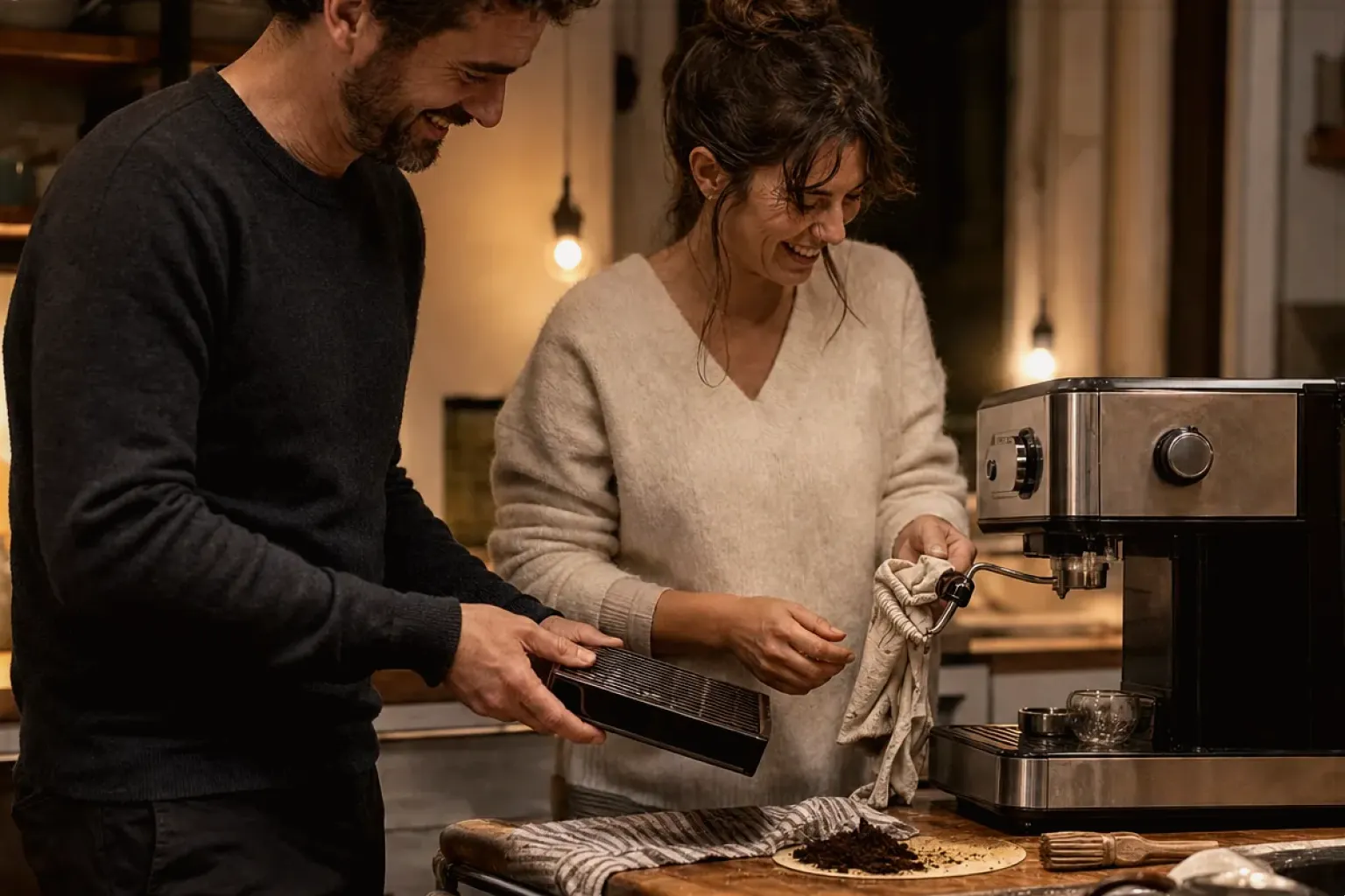 Ein Paar reinigt am Abend gemeinsam und gut gelaunt seine Espressomaschine in der Küche – gezeigt für Nutzungsbedingungen (AGB) im Redaktionsseite.