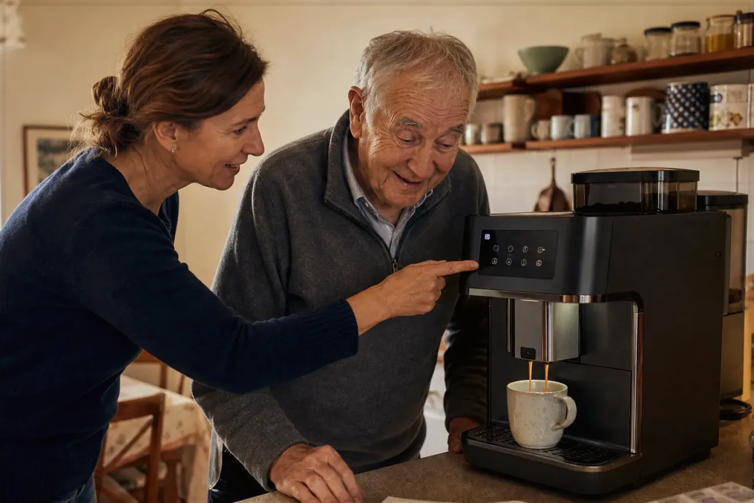 Eine erwachsene Tochter erklärt ihrem Vater verständlich die Bedienung eines Kaffeevollautomaten.