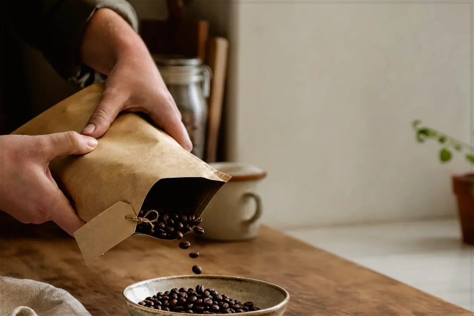 Hände füllen frisch geröstete Kaffeebohnen aus einer Papiertüte in eine Keramikschale – gezeigt für Cookie-Einstellungen im Redaktionsseite.