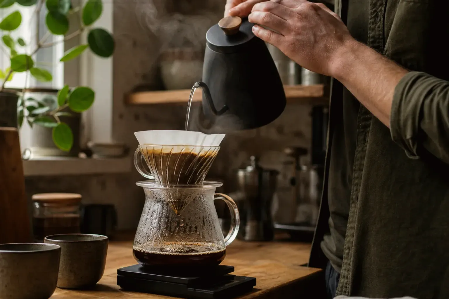 Filterkaffee wird mit einem Schwanenhalskessel von Hand in einer Küche aufgegossen – gezeigt für Cookie-Einstellungen im Redaktionsseite.