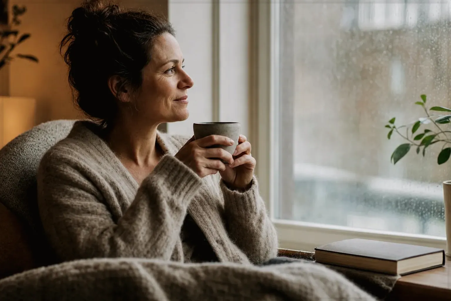 Eine Frau genießt an einem regnerischen Nachmittag ruhig eine Tasse Kaffee am Fenster – gezeigt für Cookie-Einstellungen im Redaktionsseite.