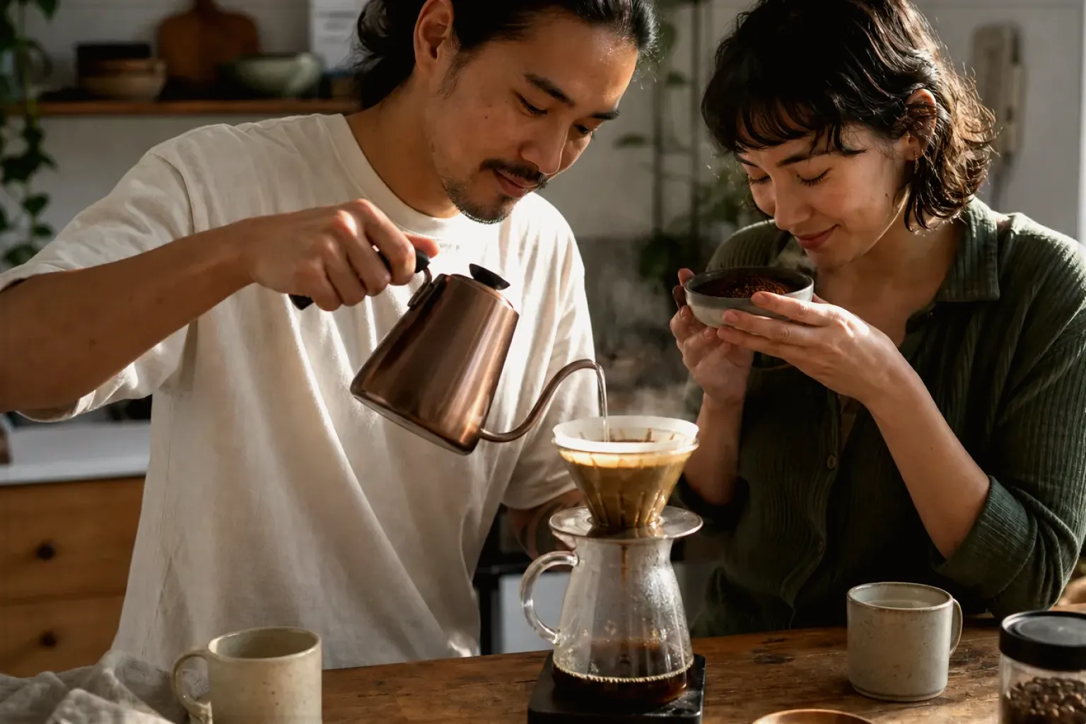Zwei Menschen bereiten am Wochenende gemeinsam Filterkaffee mit einem Handfilter zu – gezeigt für Cookie-Einstellungen im Redaktionsseite.