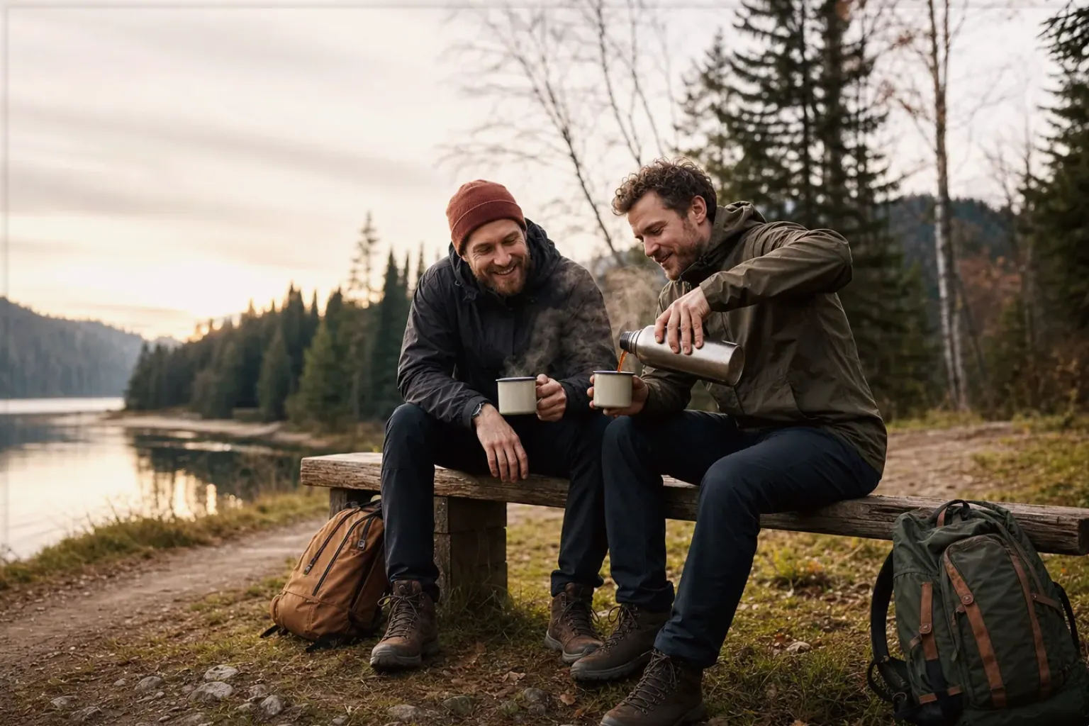 Zwei Freunde teilen auf einer Wanderung heißen Kaffee aus einer Thermoskanne am See – gezeigt für Cookie-Einstellungen im Redaktionsseite.