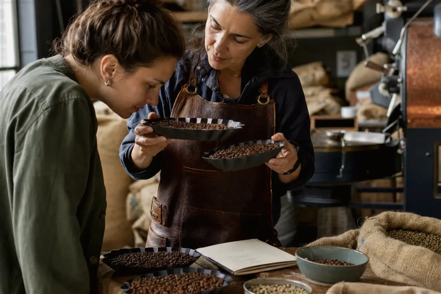 Eine Kaffeerösterin lässt eine Kundin in einer kleinen Rösterei verschiedene frisch geröstete Bohnen riechen – gezeigt für Cookie-Einstellungen im Redaktionsseite.