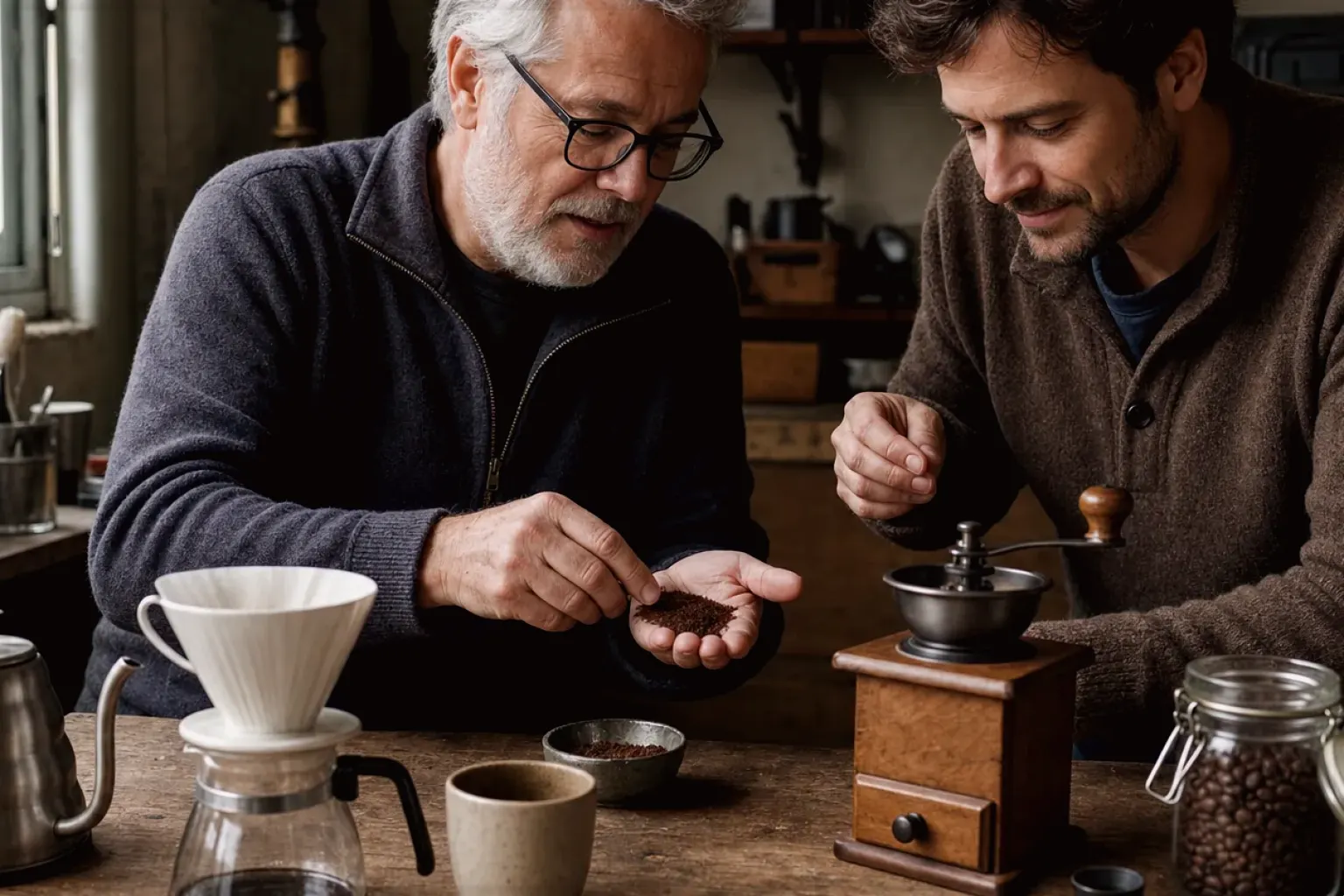 Ein älterer Kaffeeliebhaber zeigt einem jüngeren Erwachsenen gemahlenen Kaffee neben Handmühle und Filter – gezeigt für Cookie-Einstellungen im Redaktionsseite.