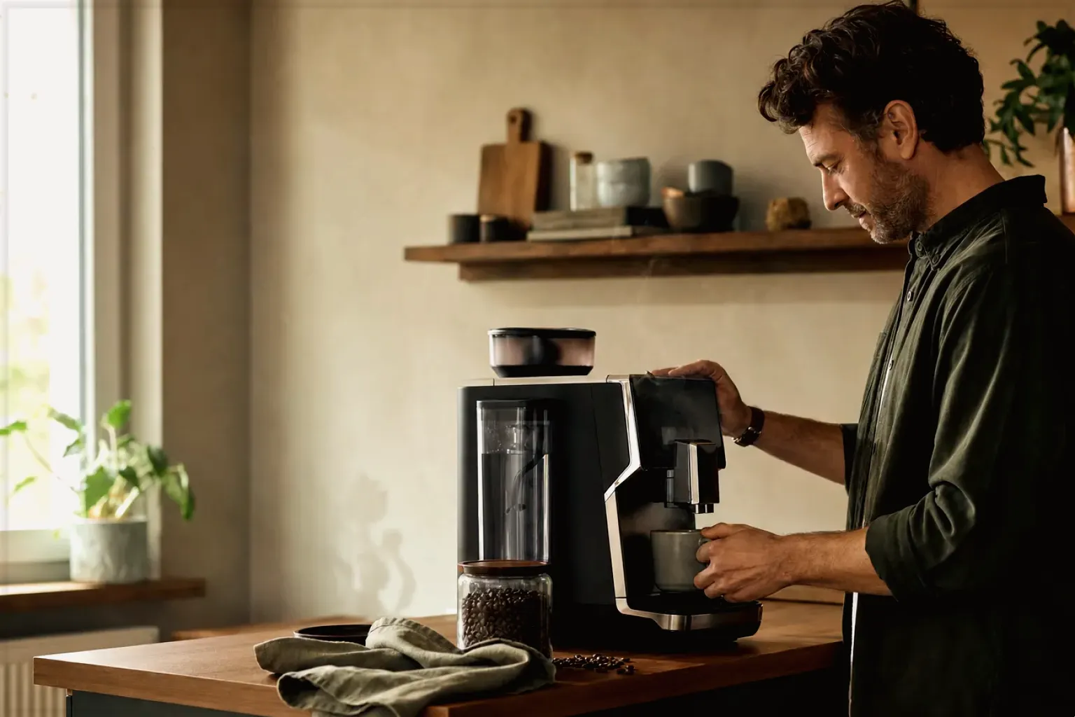 Ein Mann bereitet morgens Kaffee in seiner Küche zu – gezeigt für Cookie-Einstellungen im Redaktionsseite.