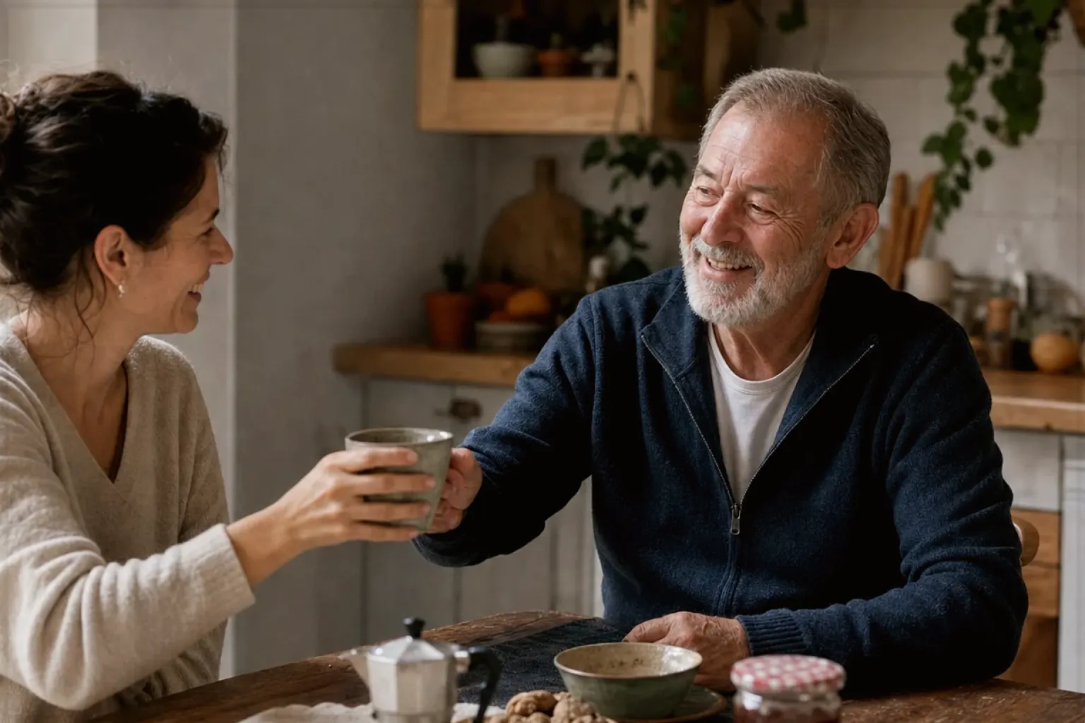 Eine erwachsene Tochter und ihr älterer Vater lachen gemeinsam beim Kaffee in ihrer Küche – gezeigt für Cookie-Einstellungen im Redaktionsseite.