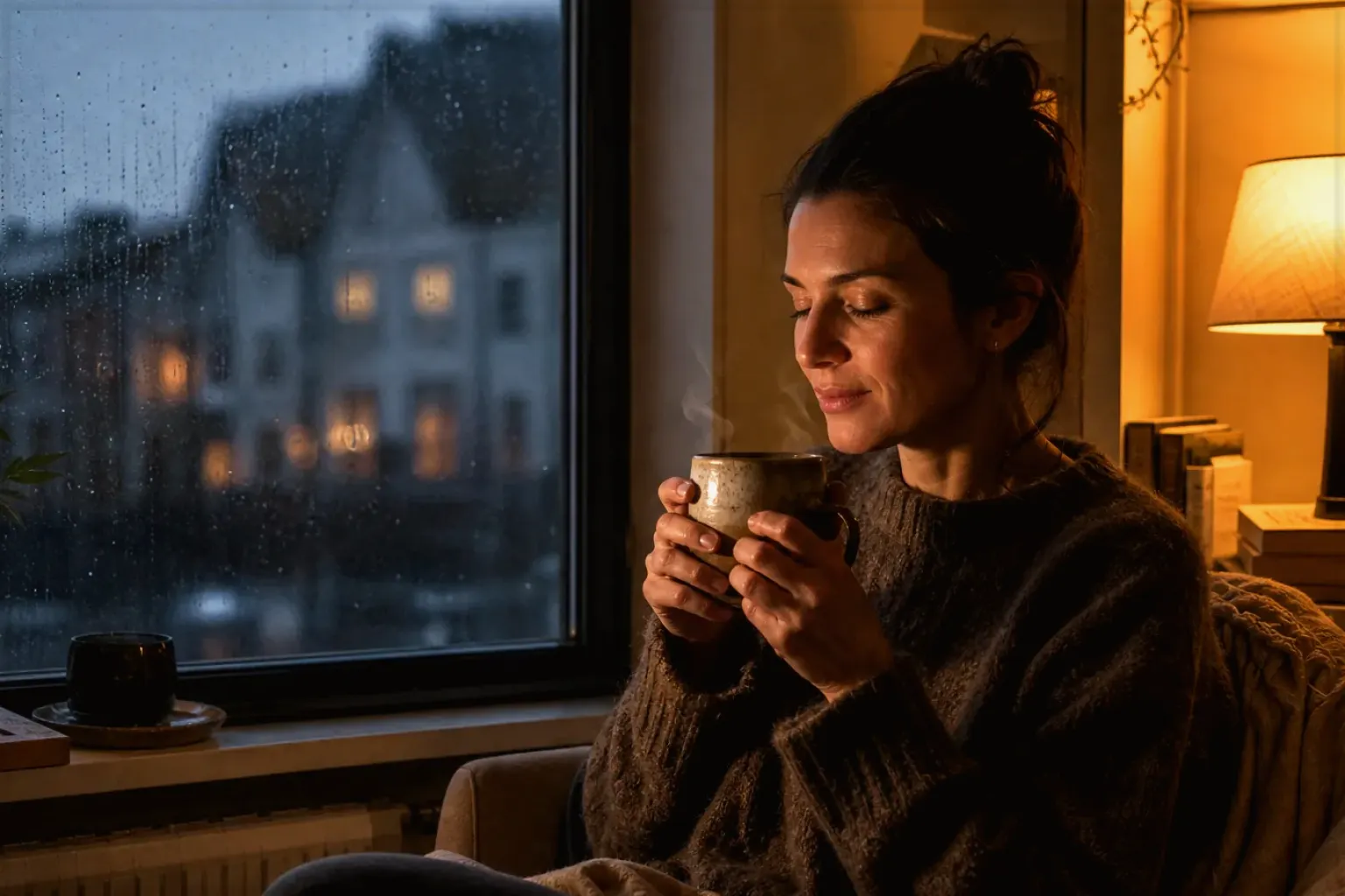 Eine Frau genießt an einem regnerischen Abend ruhig eine warme Tasse Kaffee am Fenster – gezeigt für Cookie-Einstellungen im Redaktionsseite.