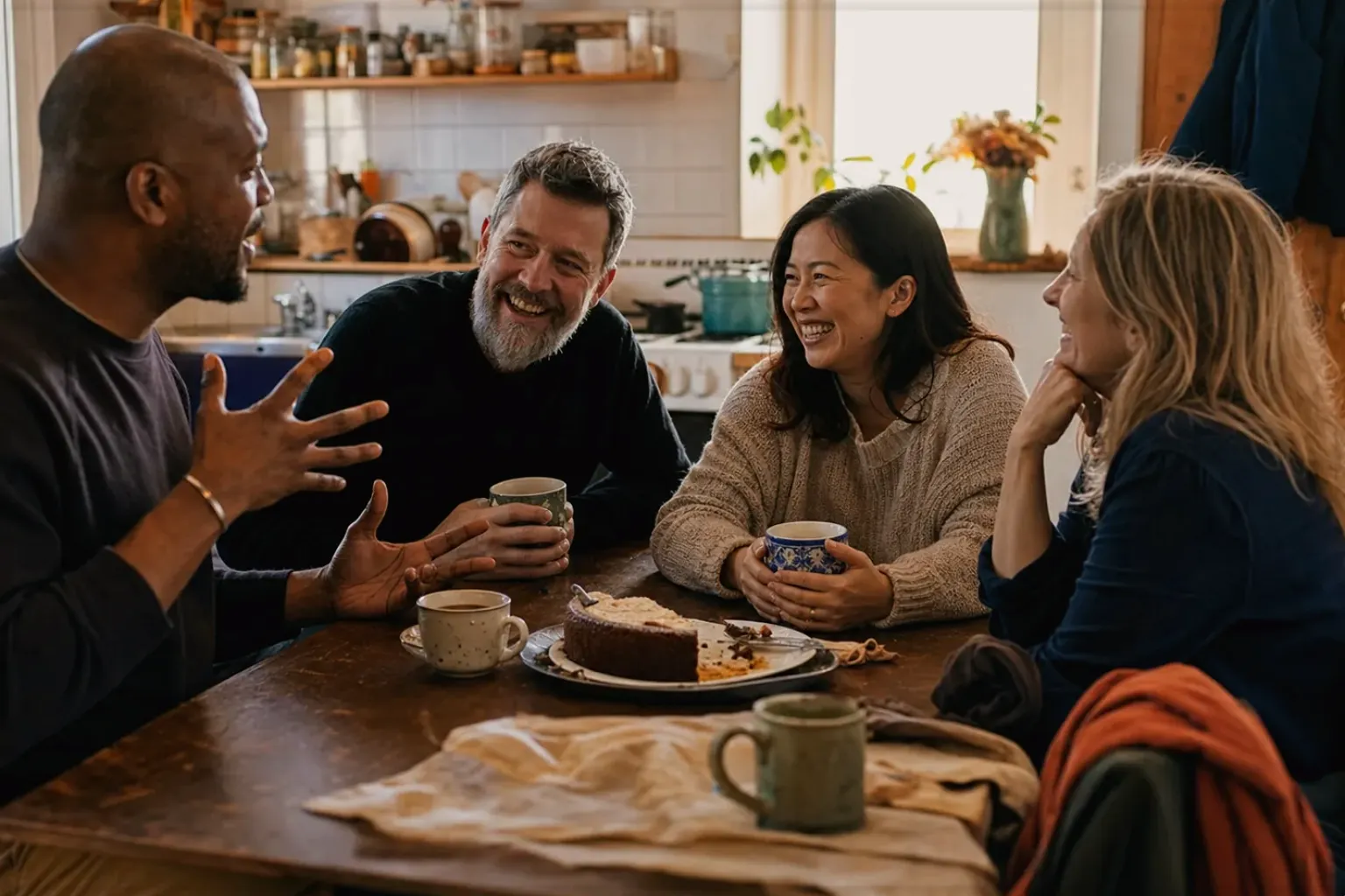 Vier erwachsene Freunde lachen gemeinsam bei Kaffee und selbst gebackenem Kuchen – gezeigt für Cookie-Einstellungen im Redaktionsseite.