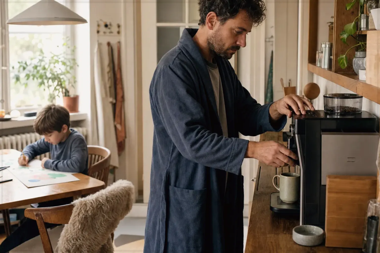 Ein Vater bereitet morgens Kaffee zu, während sein Kind am Küchentisch malt – gezeigt für Cookie-Einstellungen im Redaktionsseite.