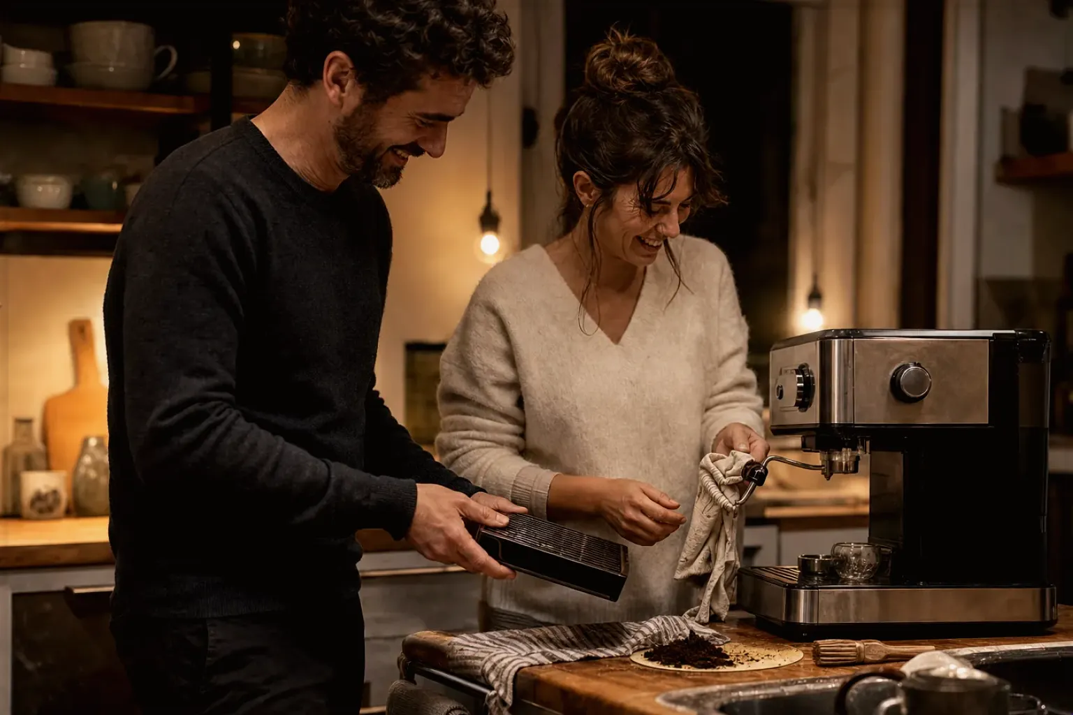 Ein Paar reinigt am Abend gemeinsam und gut gelaunt seine Espressomaschine in der Küche – gezeigt für Cookie-Einstellungen im Redaktionsseite.