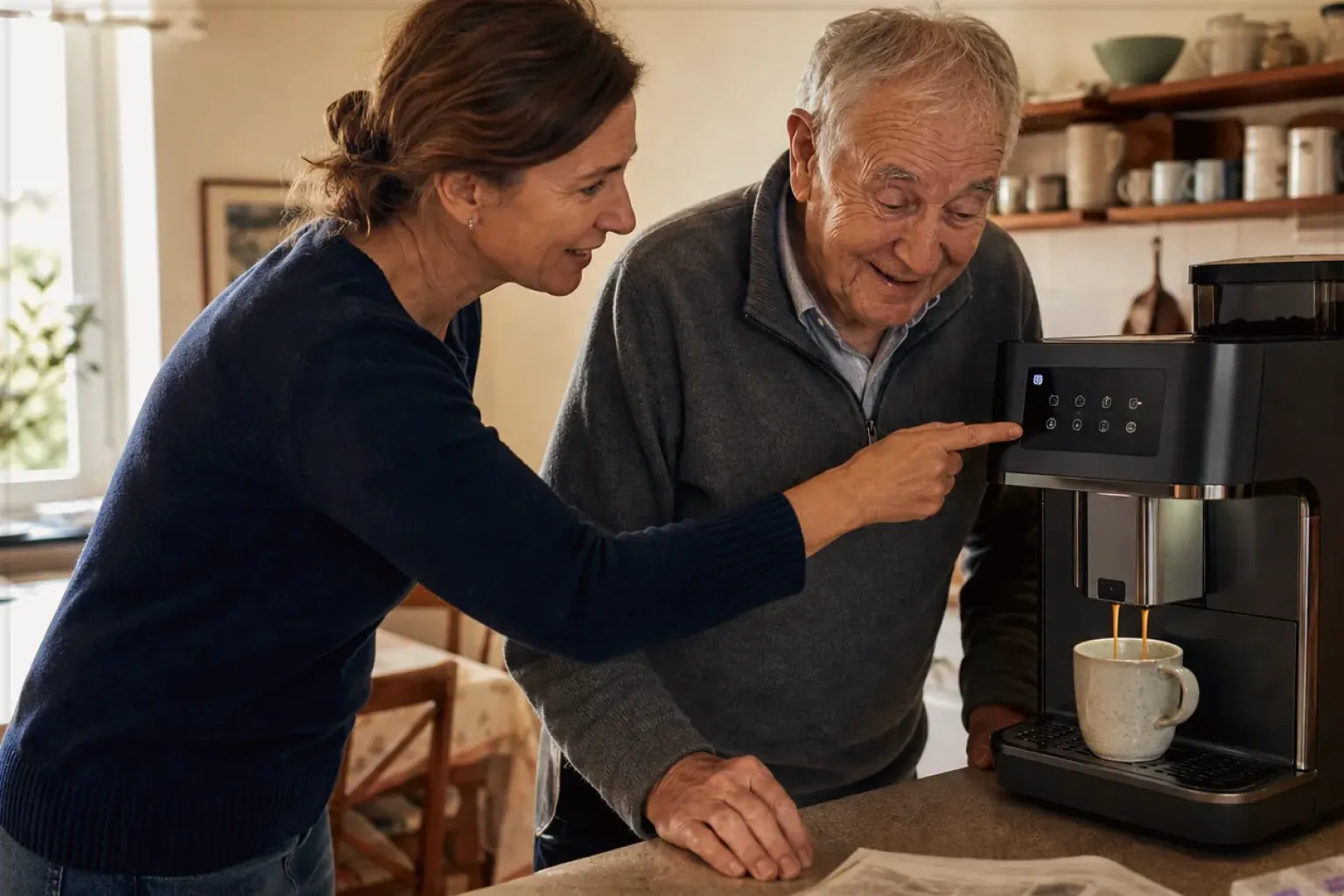 Eine erwachsene Tochter erklärt ihrem Vater verständlich die Bedienung eines Kaffeevollautomaten.
