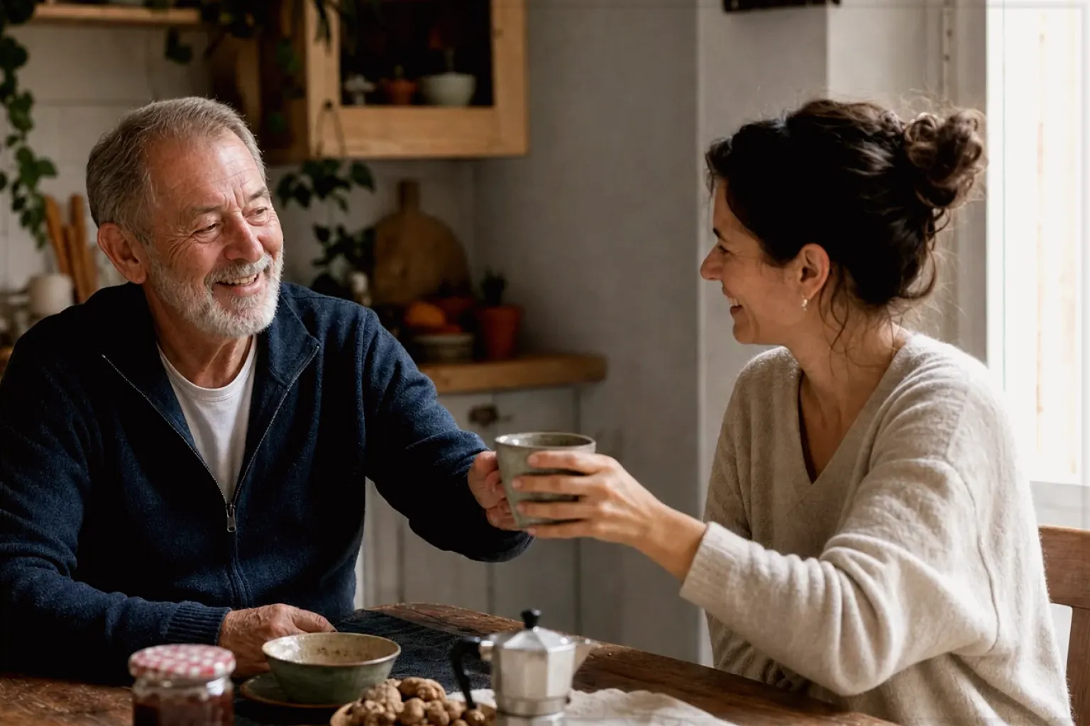 Eine erwachsene Tochter und ihr älterer Vater lachen gemeinsam beim Kaffee in ihrer bewohnten Küche – gezeigt für Datenschutz im Redaktionsseite.
