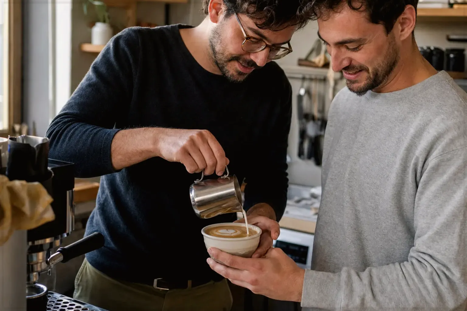 Zwei erwachsene Freunde freuen sich in einer kleinen Küche über ihre gemeinsam gegossene Latte Art – gezeigt für Datenschutz im Redaktionsseite.