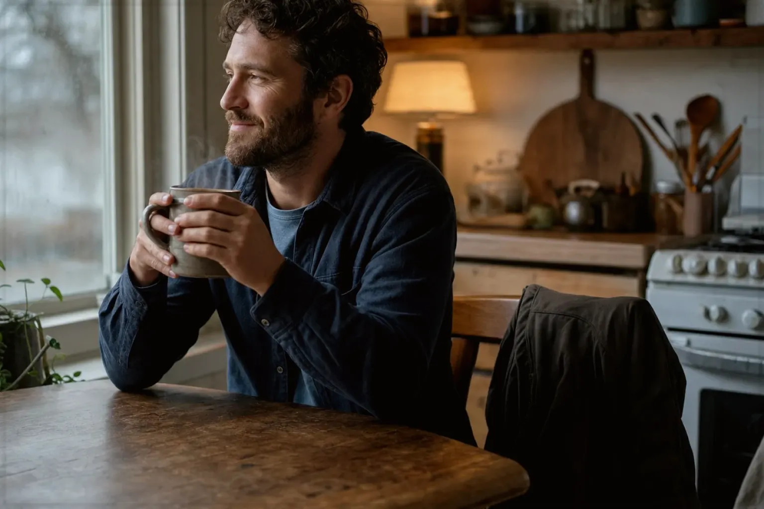 Ein Mann hält nach seinem Arbeitstag eine warme Kaffeetasse und blickt entspannt aus dem Küchenfenster – gezeigt für Datenschutz im Redaktionsseite.