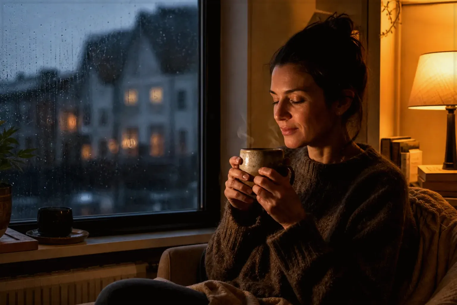 Eine Frau genießt an einem regnerischen Abend ruhig eine warme Tasse Kaffee am Fenster – gezeigt für Datenschutz im Redaktionsseite.