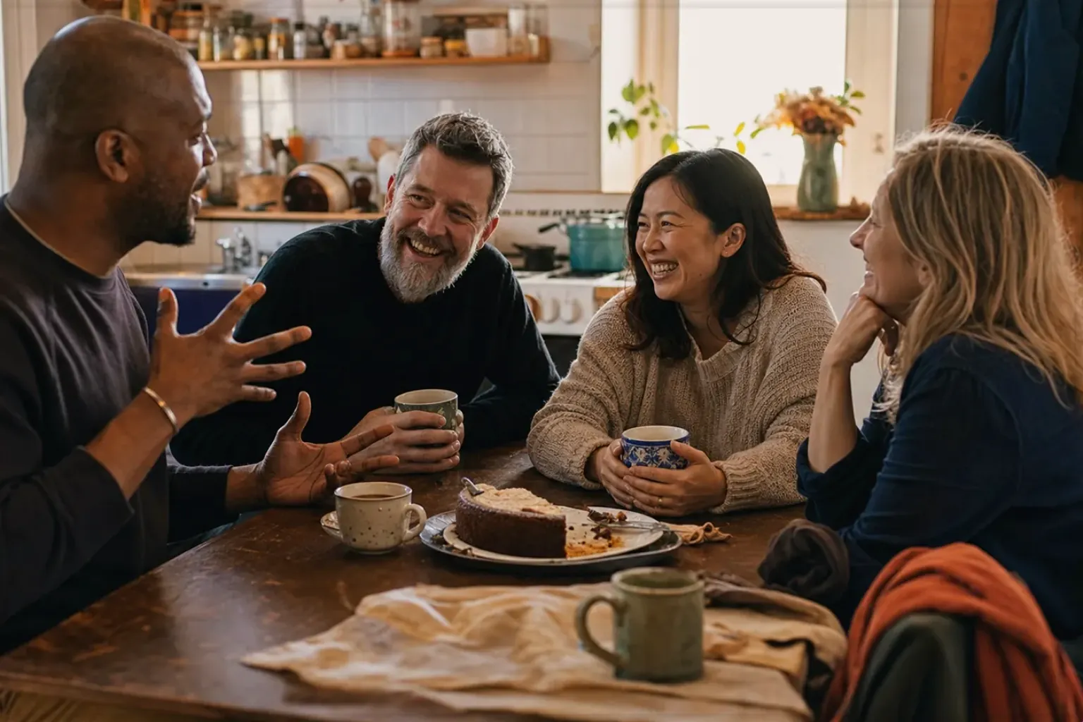 Vier erwachsene Freunde verschiedener Altersgruppen lachen gemeinsam bei Kaffee und selbst gebackenem Kuchen – gezeigt für Datenschutz im Redaktionsseite.