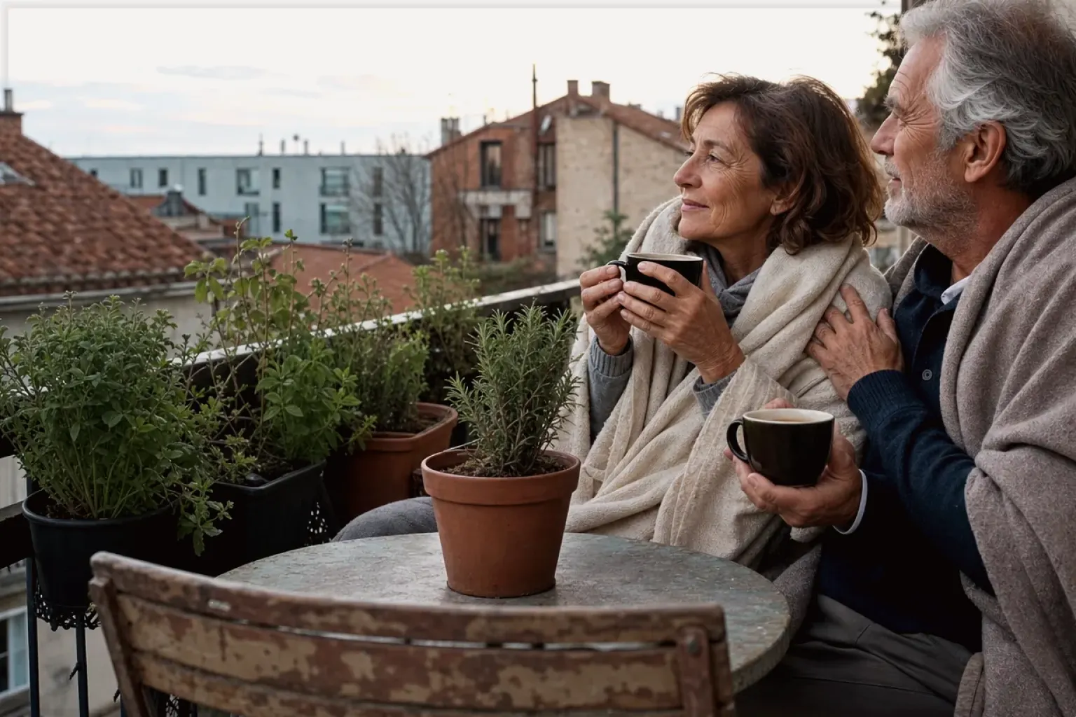 Ein älteres Paar teilt am frühen Morgen Kaffee auf einem kleinen Balkon – gezeigt für Datenschutz im Redaktionsseite.