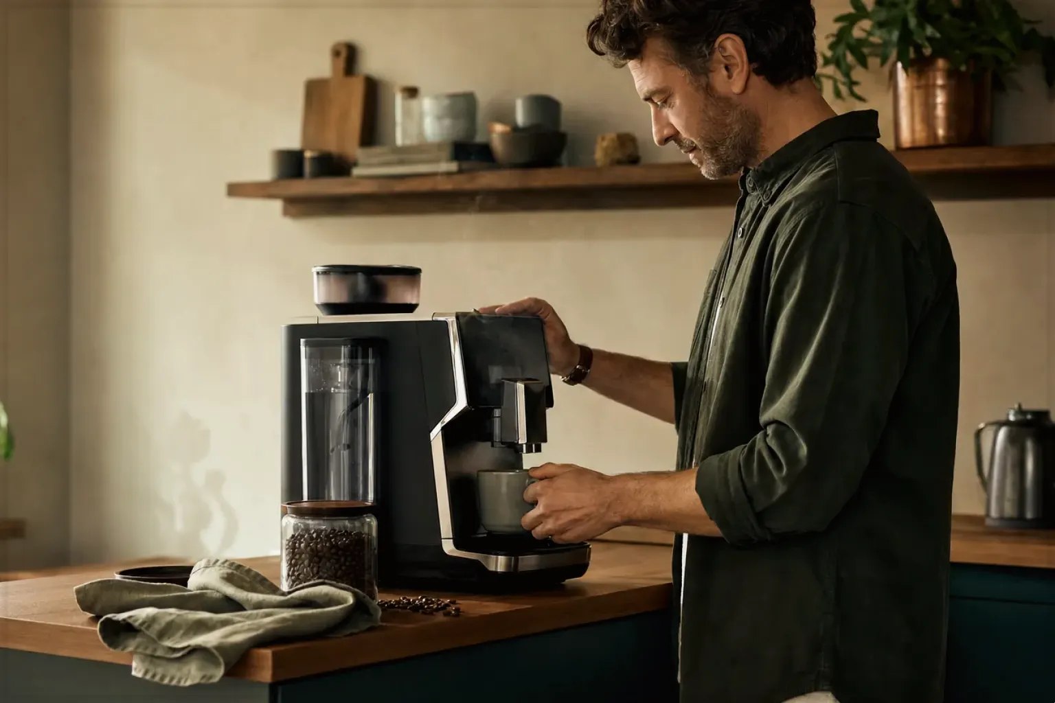 Ein Mann bereitet morgens Kaffee in seiner Küche zu – gezeigt für Datenschutz im Redaktionsseite.