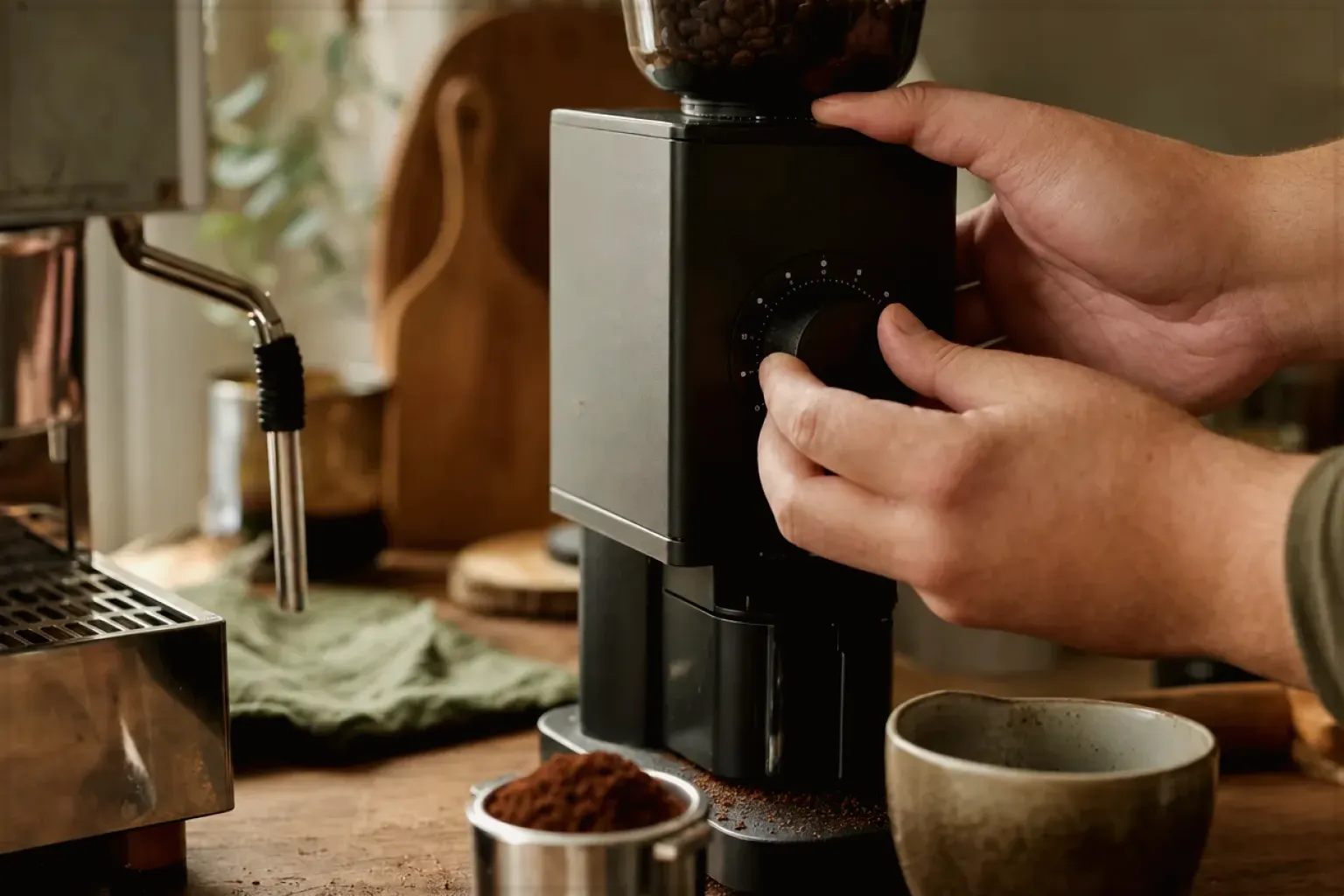 Zwei Hände stellen den Mahlgrad an einer Kaffeemühle neben einer Espressomaschine ein – gezeigt für Datenschutz im Redaktionsseite.