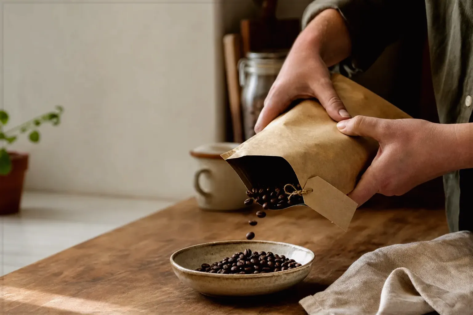 Hände füllen frisch geröstete Kaffeebohnen aus einer Papiertüte in eine Keramikschale – gezeigt für Datenschutz im Redaktionsseite.
