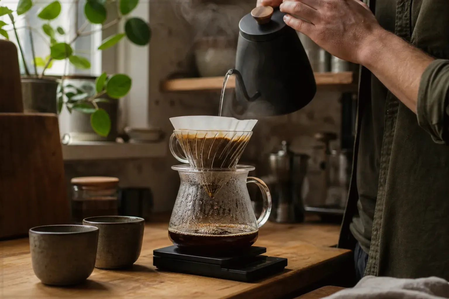 Filterkaffee wird mit einem Schwanenhalskessel von Hand in einer Küche aufgegossen – gezeigt für Datenschutz im Redaktionsseite.