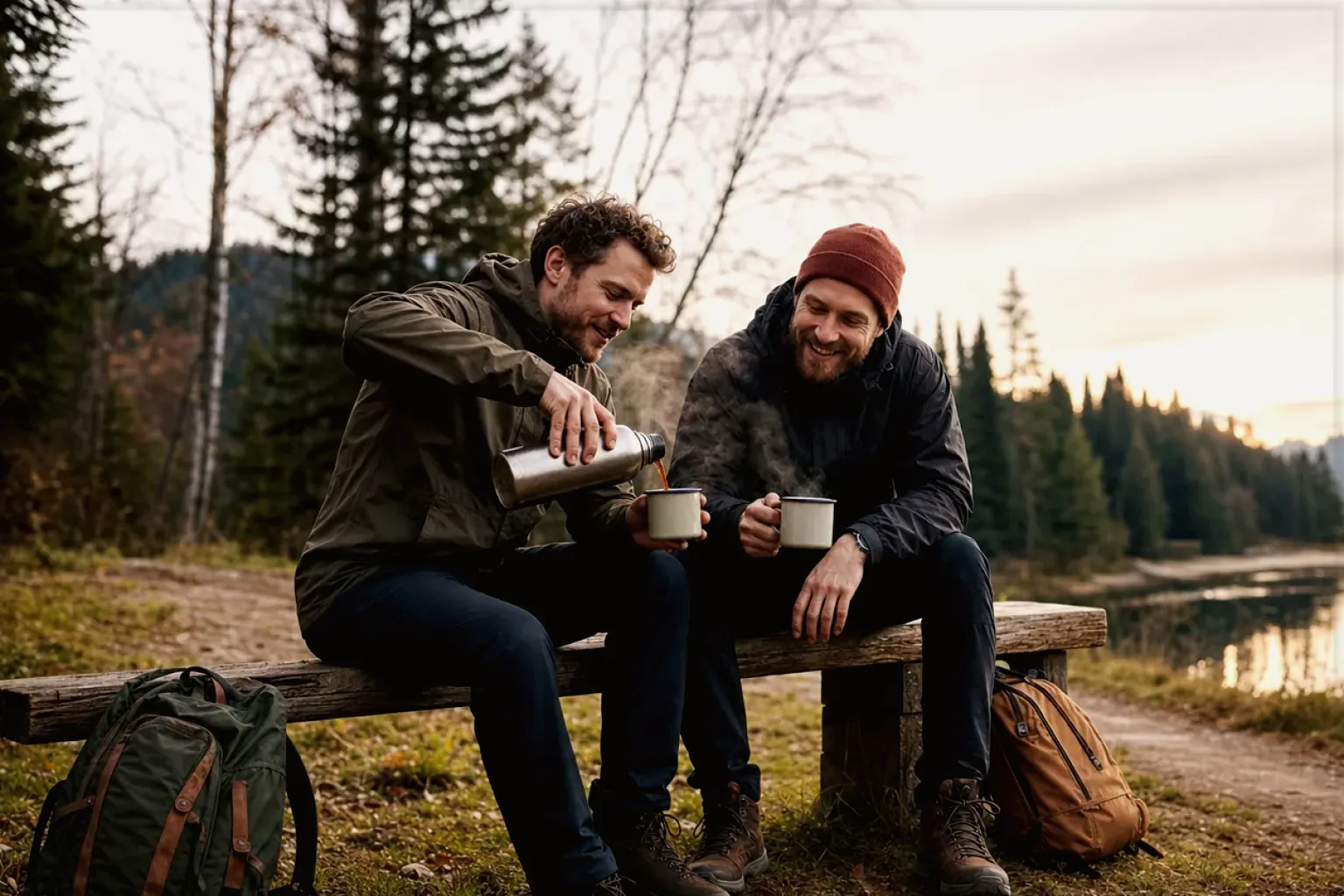 Zwei Freunde teilen auf einer Wanderung heißen Kaffee aus einer Thermoskanne am See – gezeigt für Datenschutz im Redaktionsseite.