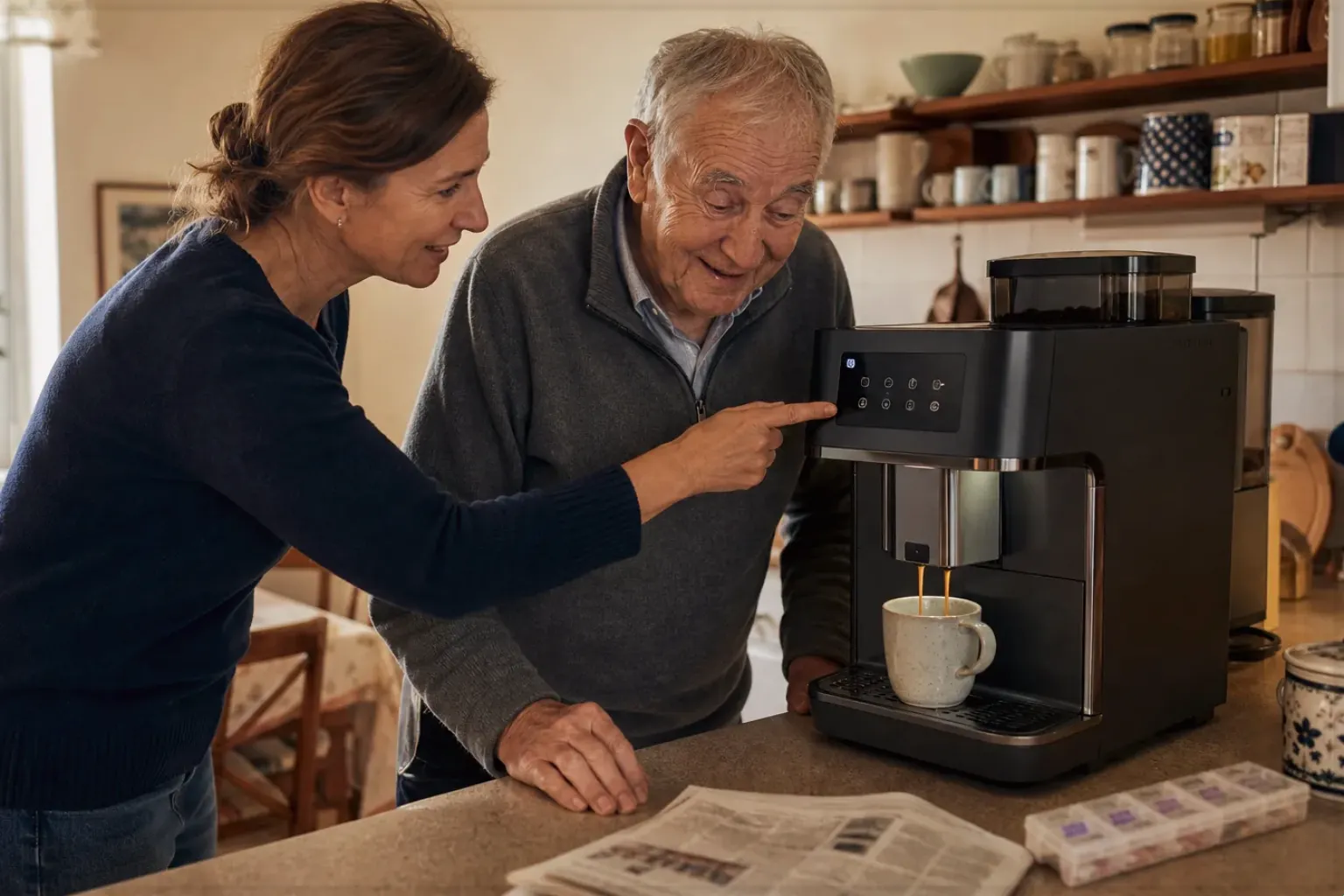 Eine erwachsene Tochter erklärt ihrem Vater verständlich die Bedienung eines Kaffeevollautomaten.