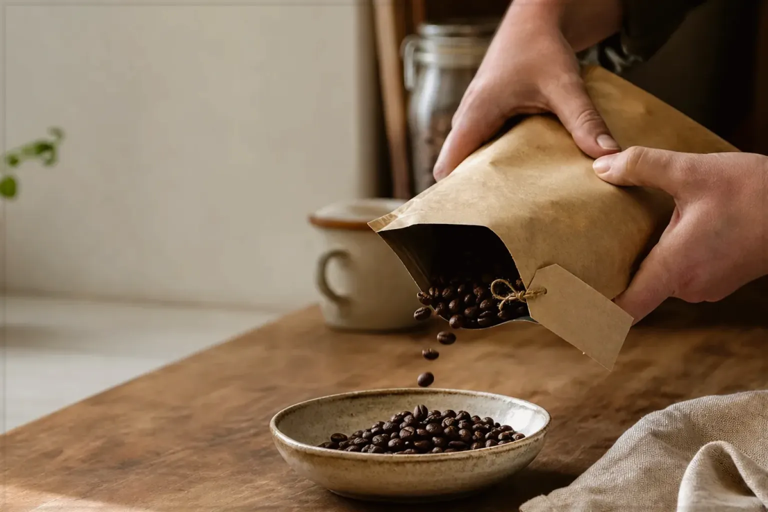 Hände füllen frisch geröstete Kaffeebohnen aus einer Papiertüte in eine Keramikschale – gezeigt für Haftungsausschluss im Redaktionsseite.