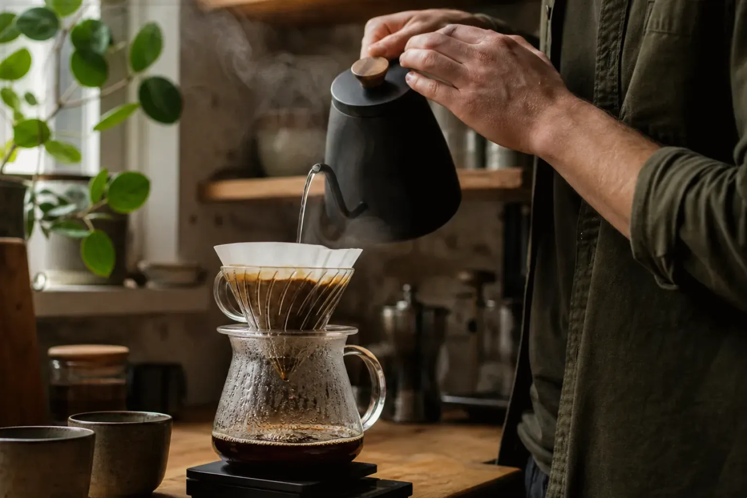 Filterkaffee wird mit einem Schwanenhalskessel von Hand in einer Küche aufgegossen – gezeigt für Haftungsausschluss im Redaktionsseite.