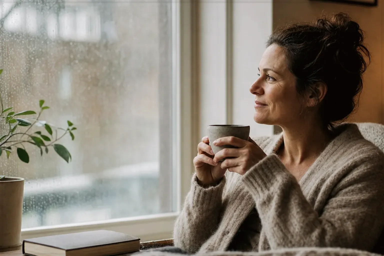Eine Frau genießt an einem regnerischen Nachmittag ruhig eine Tasse Kaffee am Fenster – gezeigt für Haftungsausschluss im Redaktionsseite.