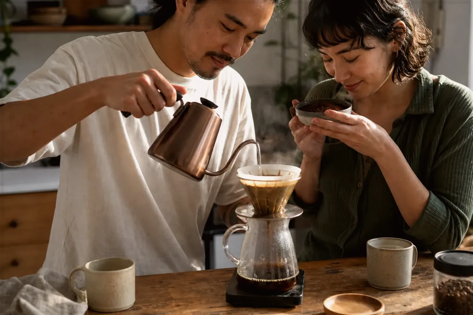 Zwei Menschen bereiten am Wochenende gemeinsam Filterkaffee mit einem Handfilter zu – gezeigt für Haftungsausschluss im Redaktionsseite.