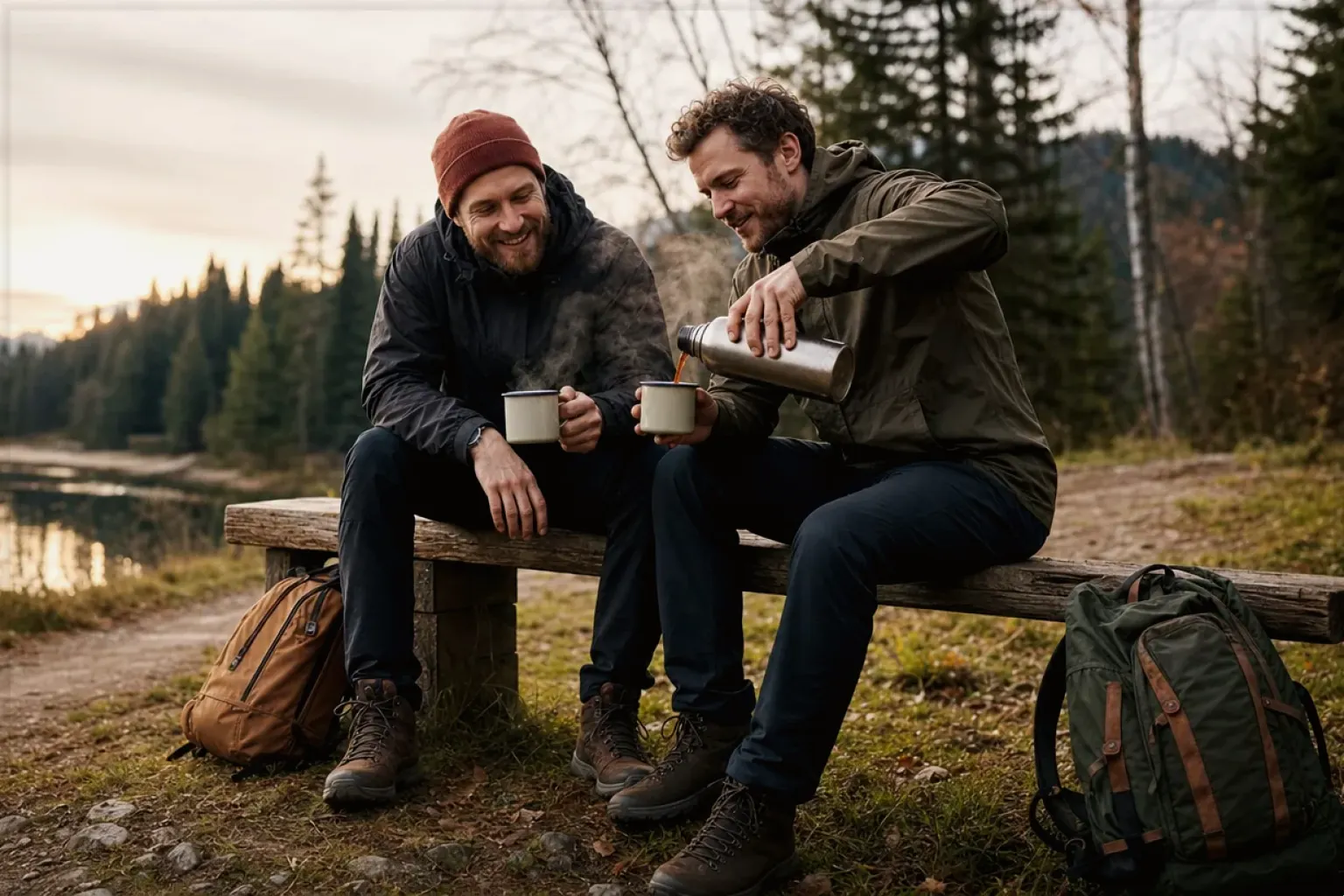 Zwei Freunde teilen auf einer Wanderung heißen Kaffee aus einer Thermoskanne am See – gezeigt für Haftungsausschluss im Redaktionsseite.