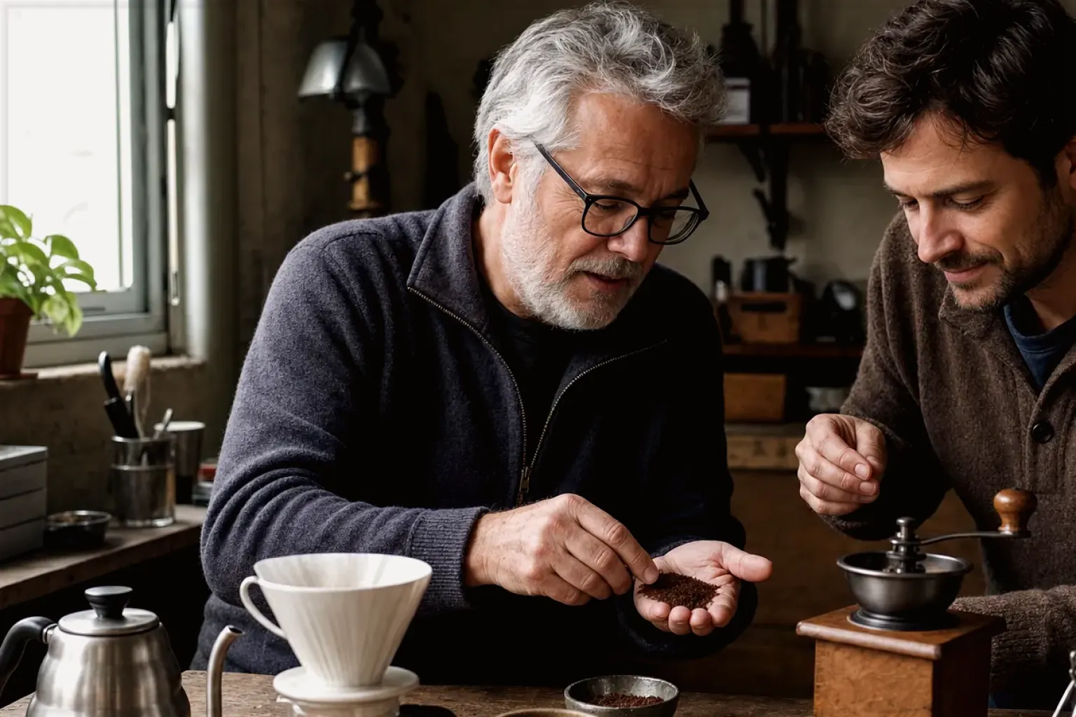 Ein älterer Kaffeeliebhaber zeigt einem jüngeren Erwachsenen gemahlenen Kaffee neben Handmühle und Filter – gezeigt für Haftungsausschluss im Redaktionsseite.