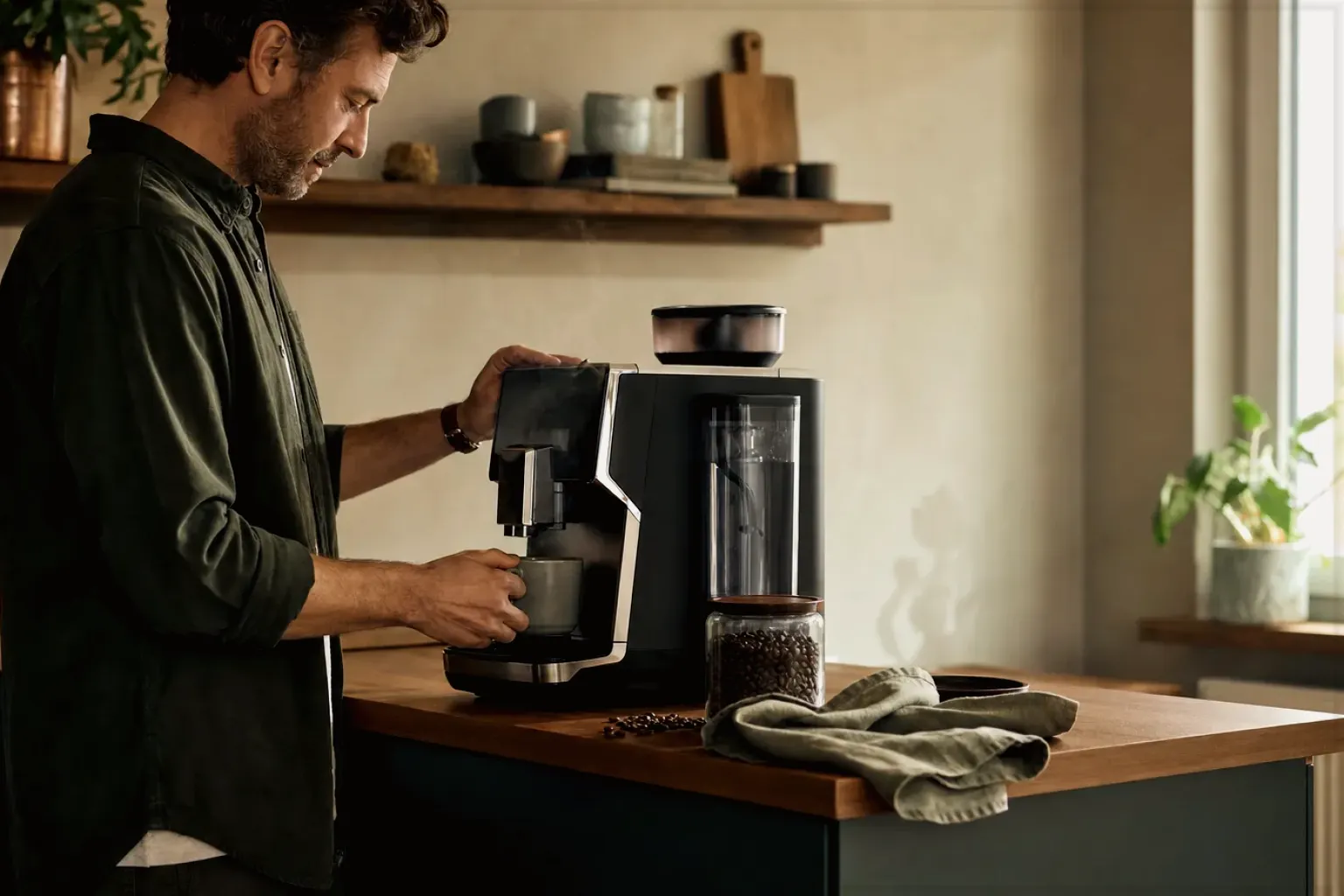 Ein Mann bereitet morgens Kaffee in seiner Küche zu – gezeigt für Haftungsausschluss im Redaktionsseite.