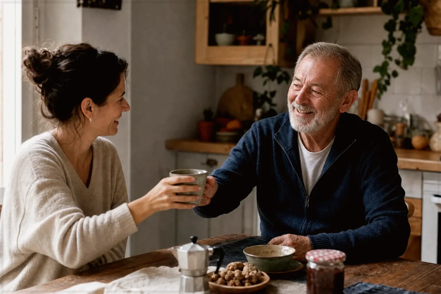 Eine erwachsene Tochter und ihr älterer Vater lachen gemeinsam beim Kaffee in ihrer Küche – gezeigt für Haftungsausschluss im Redaktionsseite.